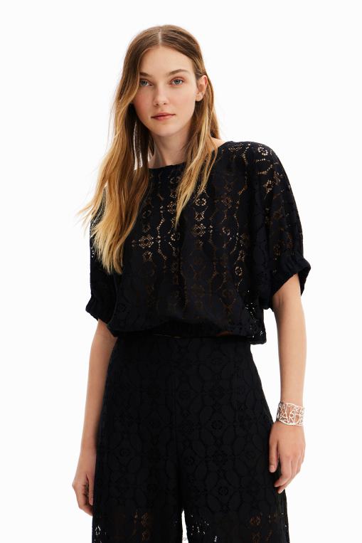 mujer ropa 8H0V359 blusa corta de encaje con mangas abullonadas Desigual
