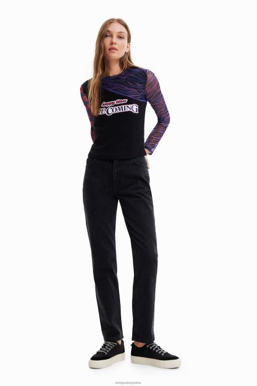 mujer ropa 8H0V1075 camiseta de tul patchwork con mensaje Desigual