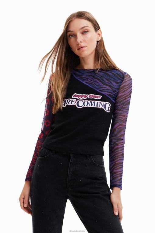mujer ropa 8H0V1075 camiseta de tul patchwork con mensaje Desigual