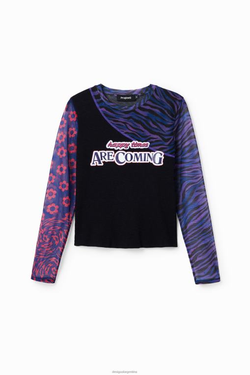 mujer ropa 8H0V1075 camiseta de tul patchwork con mensaje Desigual