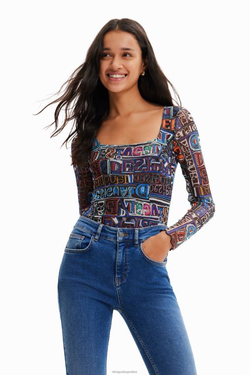 mujer ropa 8H0V335 body artístico de tul con logo Desigual