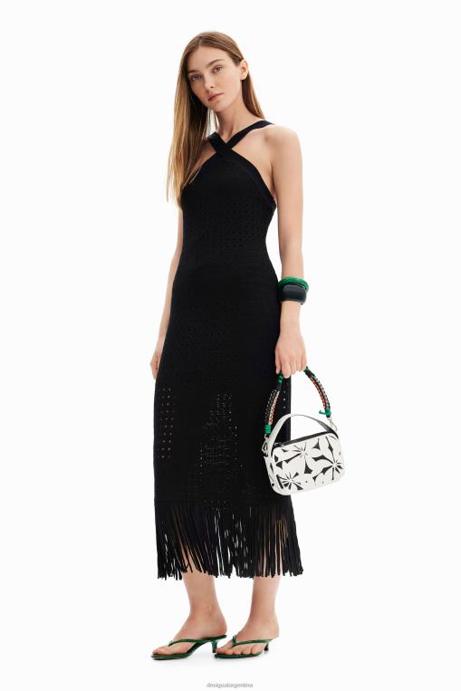 mujer ropa 8H0V326 vestido midi con flecos y cuello halter Desigual